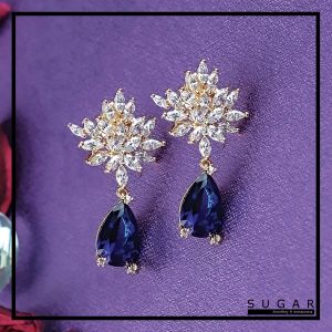 Gold Plated Earrings with Zircons and Sapphire Cubic Zirconia (E01062)
