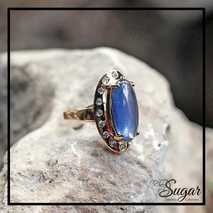 Gold Plated Ring With Coral Blue Cubic Zirconia (R00324-B)
